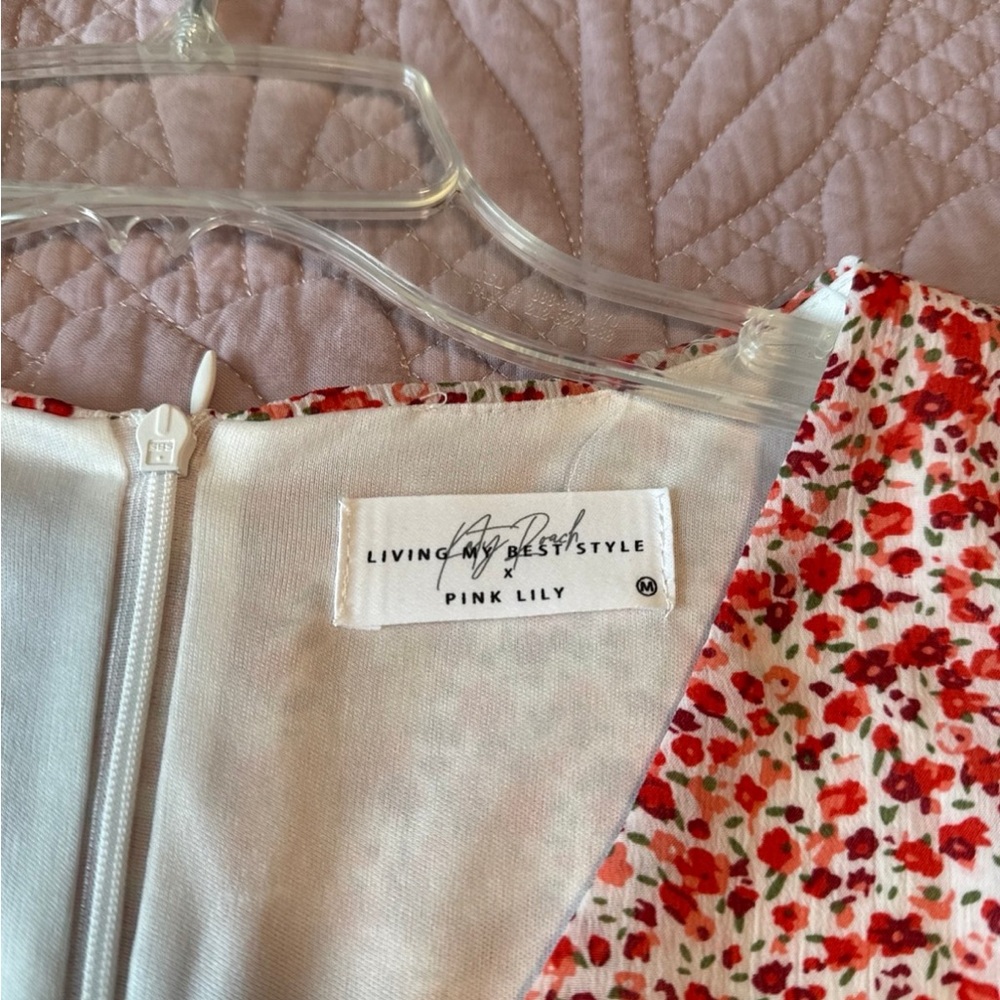 Pink Lily Floral Dress - Red and White